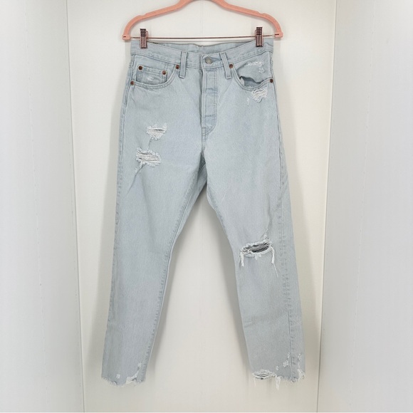 Levis Jeans Womens 29 Light Blue Skinny Button Fly Premium Distressed Skinny 501 - Picture 2 of 16